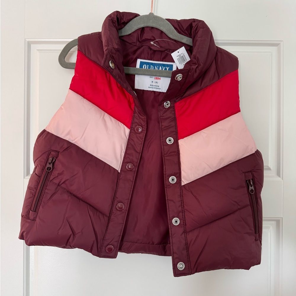 Old Navy Burgundy Puffer Vest with Red and Light Pink Chevron